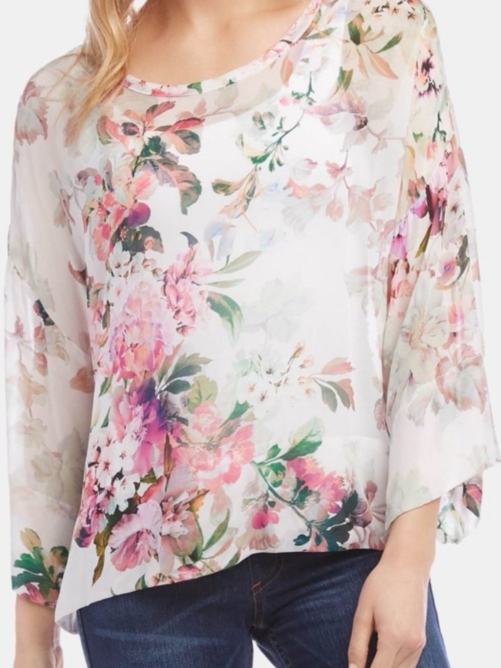 Karen Kane White Sheer Floral Tunic with Pink & Green Accents soft, flowing 🤩💗💚